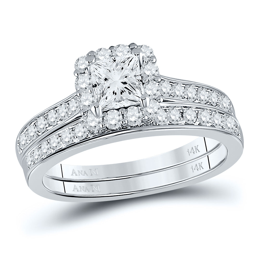 14kt White Gold Womens Princess Diamond Halo Bridal Wedding Engagement Ring Band Set 1-1/4 Cttw