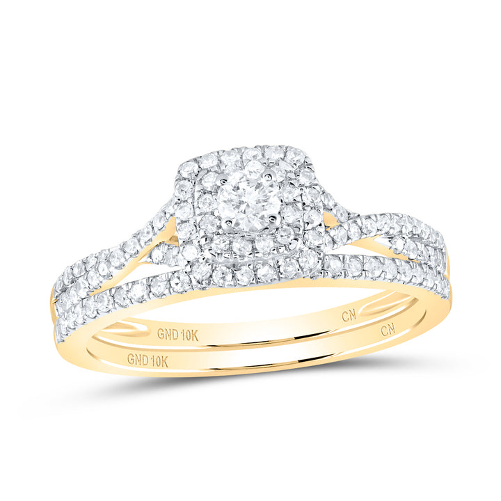 10kt Yellow Gold Womens Round Diamond Halo Bridal Wedding Engagement Ring Band Set 1/2 Cttw