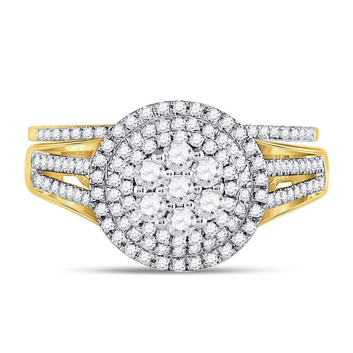 10kt Yellow Gold Womens Round Diamond Flower Cluster Bridal Wedding Engagement Ring Band Set 7/8 Cttw