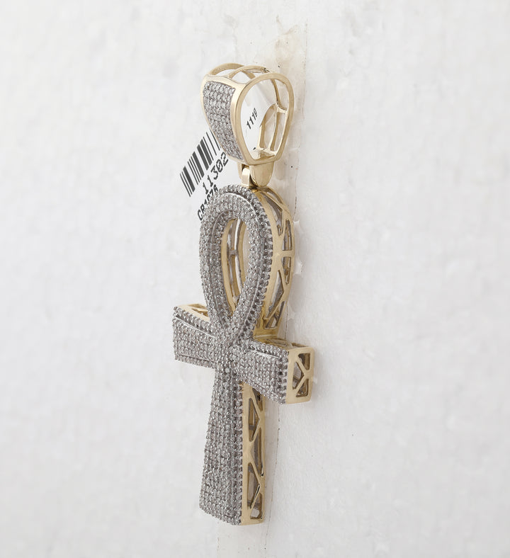 10kt Yellow Gold Mens Round Diamond Ankh Cross Charm Pendant 1-1/2 Cttw