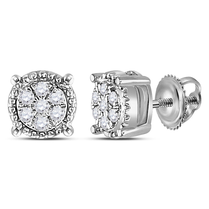 10kt White Gold Womens Round Diamond Flower Cluster Milgrain Stud Earrings 1/10 Cttw