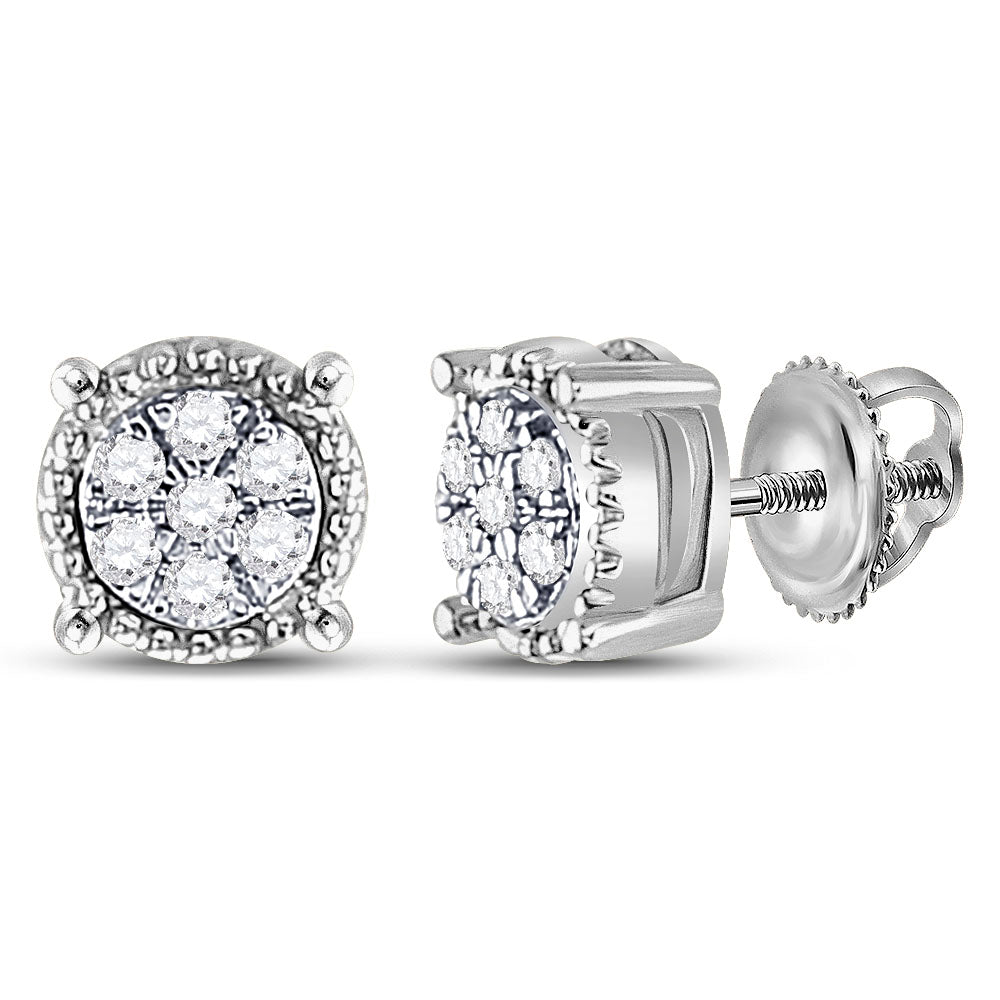 10kt White Gold Womens Round Diamond Flower Cluster Milgrain Stud Earrings 1/10 Cttw