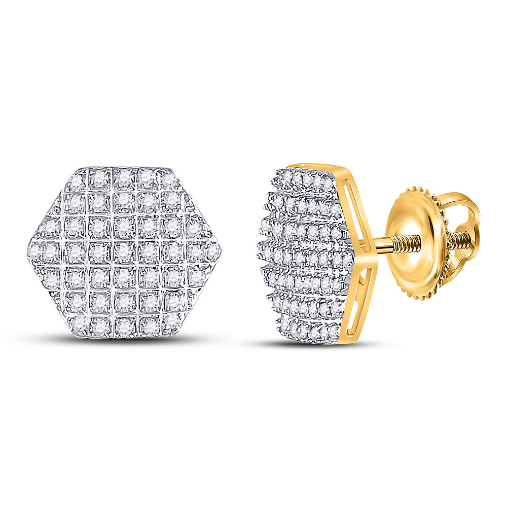 10kt Yellow Gold Mens Round Diamond Hexagon Cluster Stud Earrings 1/5 Cttw