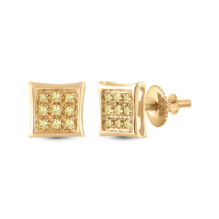 10kt Yellow Gold Mens Round Yellow Color Enhanced Diamond Cluster Square Kite Earrings 1/20 Cttw