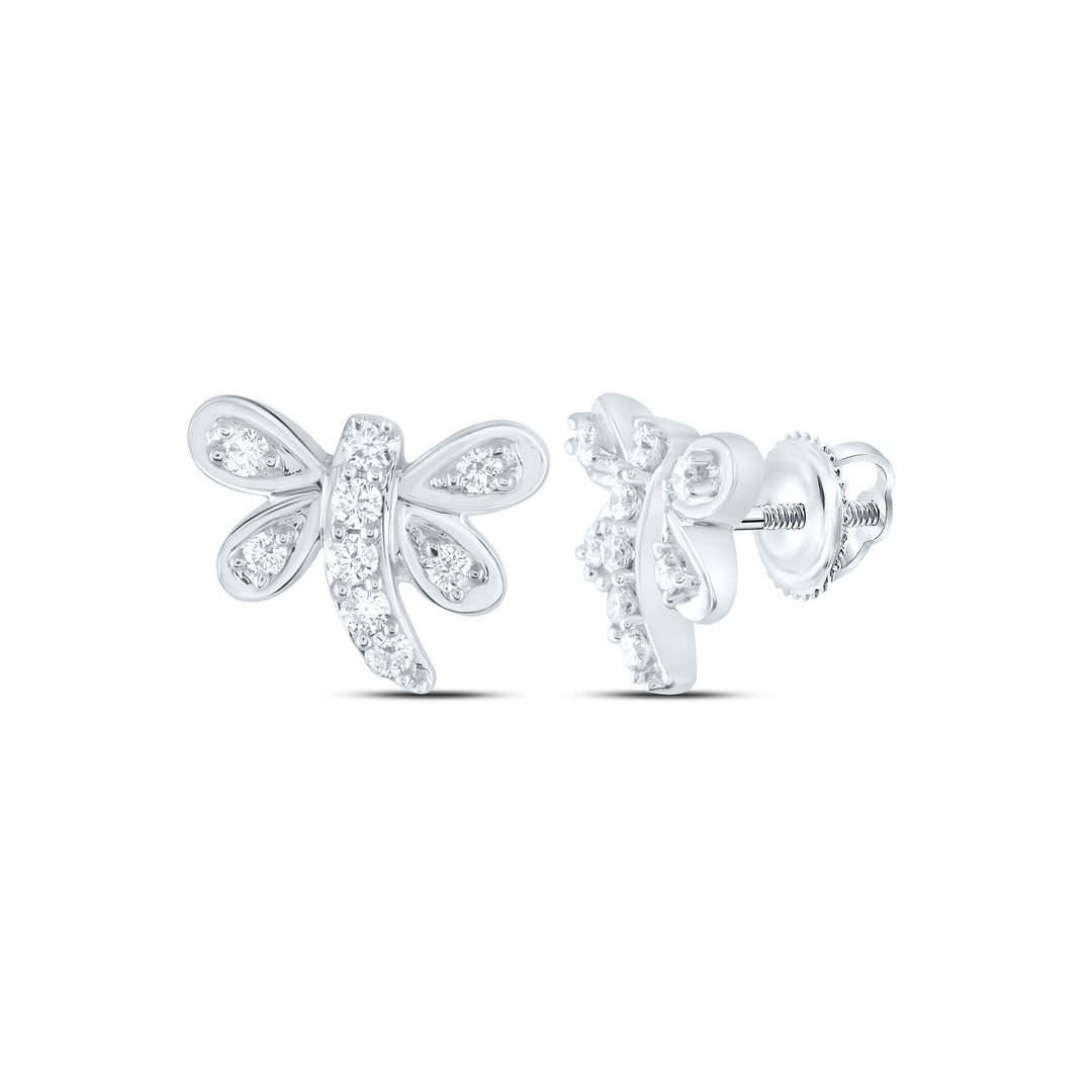 10kt White Gold Womens Round Diamond Butterfly Bug Stud Earrings 1/8 Cttw