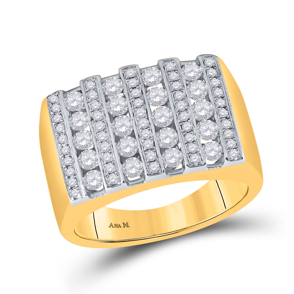 14kt Yellow Gold Mens Round Channel-set Diamond Square Stripe Cluster Ring 1-1/2 Cttw