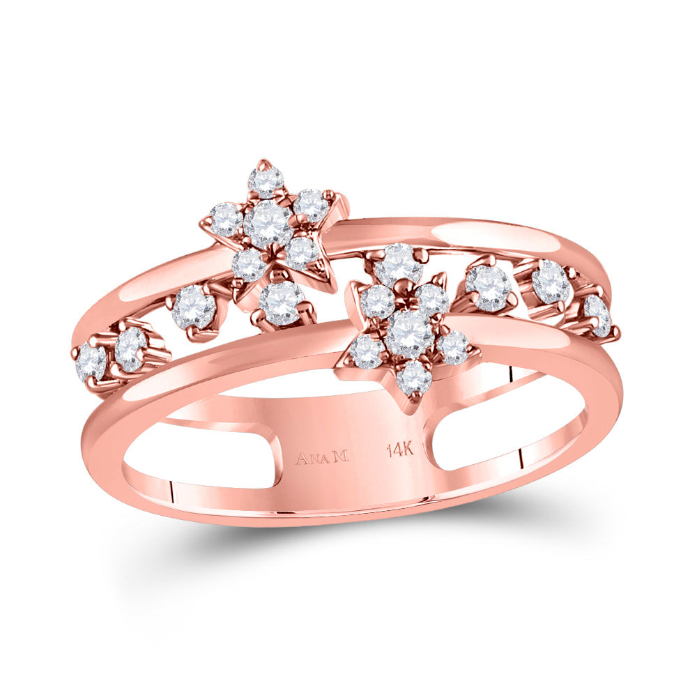 14kt Rose Gold Womens Round Diamond Open Double Star Band Ring 1/3 Cttw