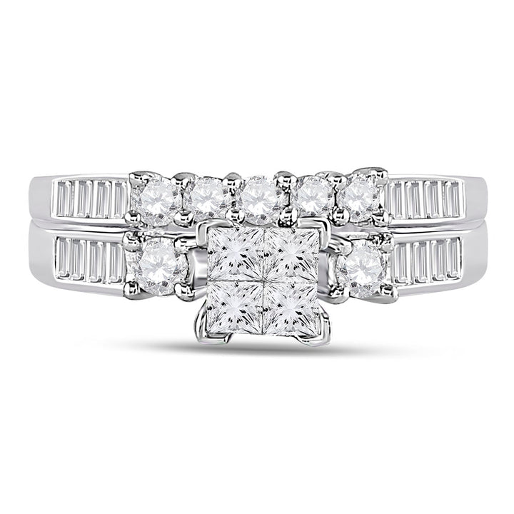 10kt White Gold Womens Princess Diamond Bridal Wedding Engagement Ring Band Set 1.00 Cttw - Size 10