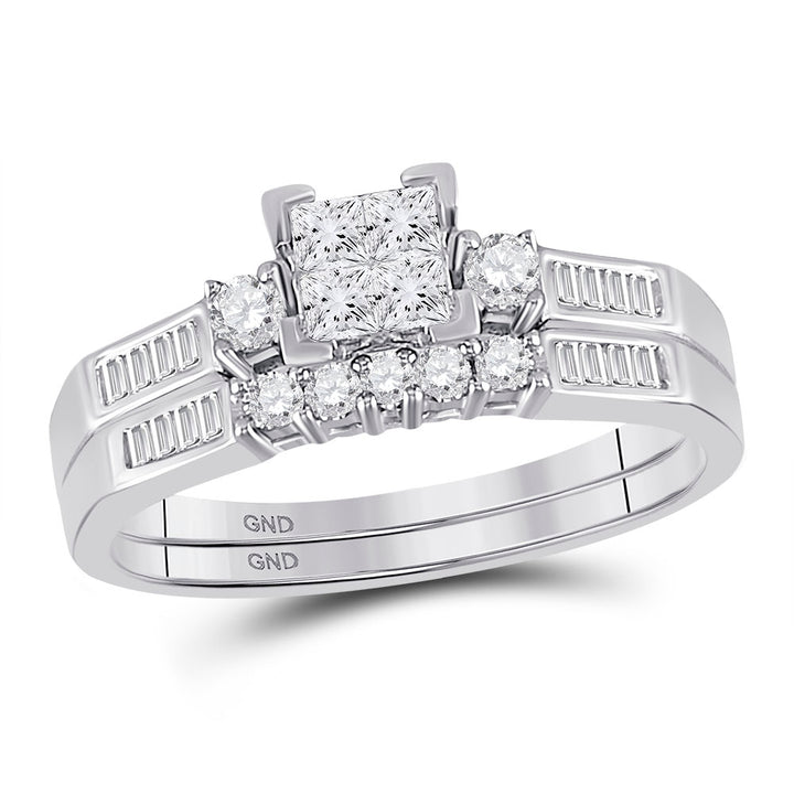 10kt White Gold Womens Princess Diamond Bridal Wedding Engagement Ring Band Set 1.00 Cttw - Size 10