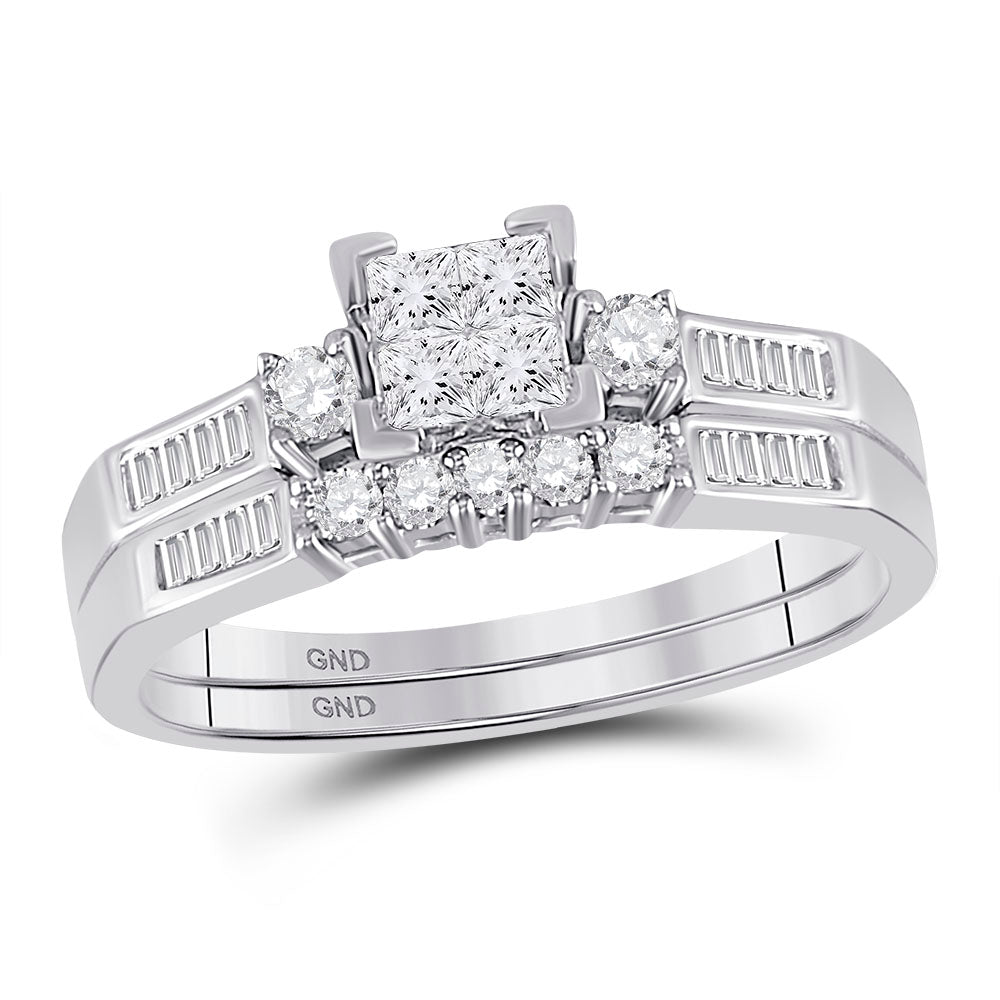 10kt White Gold Womens Princess Diamond Bridal Wedding Engagement Ring Band Set 1.00 Cttw Size 9