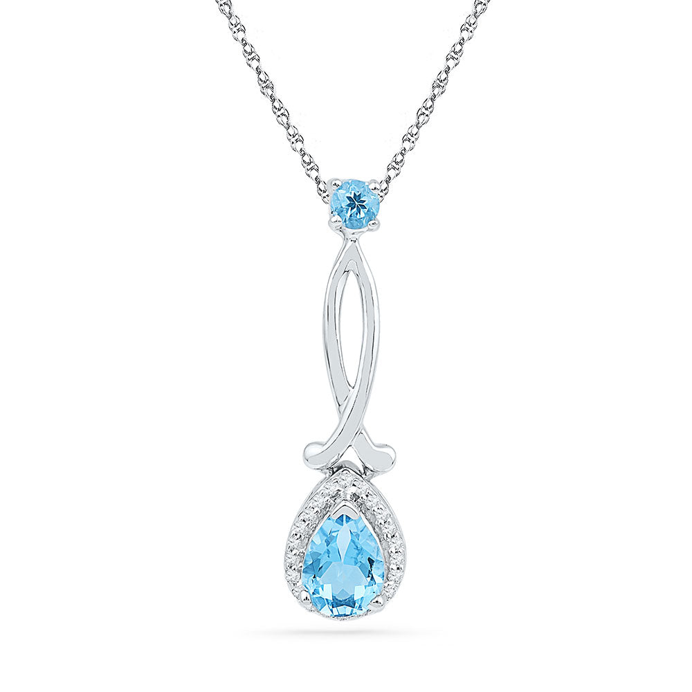 10kt White Gold Womens Pear Lab-Created Blue Topaz Diamond Solitaire Pendant 1.00 Cttw