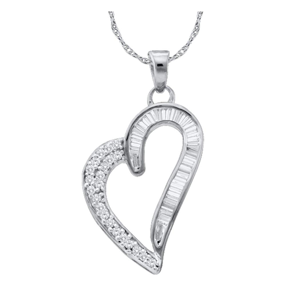 10kt White Gold Womens Round Baguette Diamond Heart Pendant 1/4 Cttw