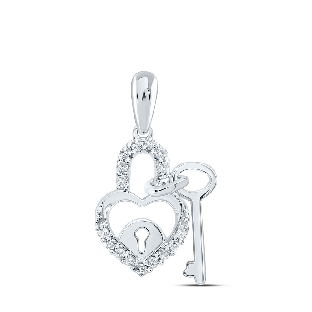 10kt White Gold Womens Round Diamond Heart Lock Key Dangle Pendant 1/10 Cttw