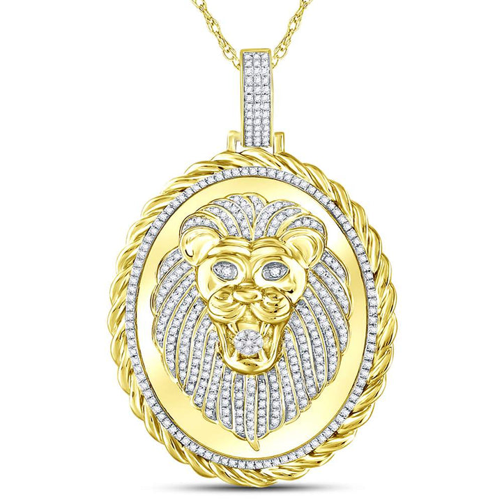 10kt Yellow Gold Mens Round Diamond Oval Lion Face Rope Charm Pendant 1.00 Cttw