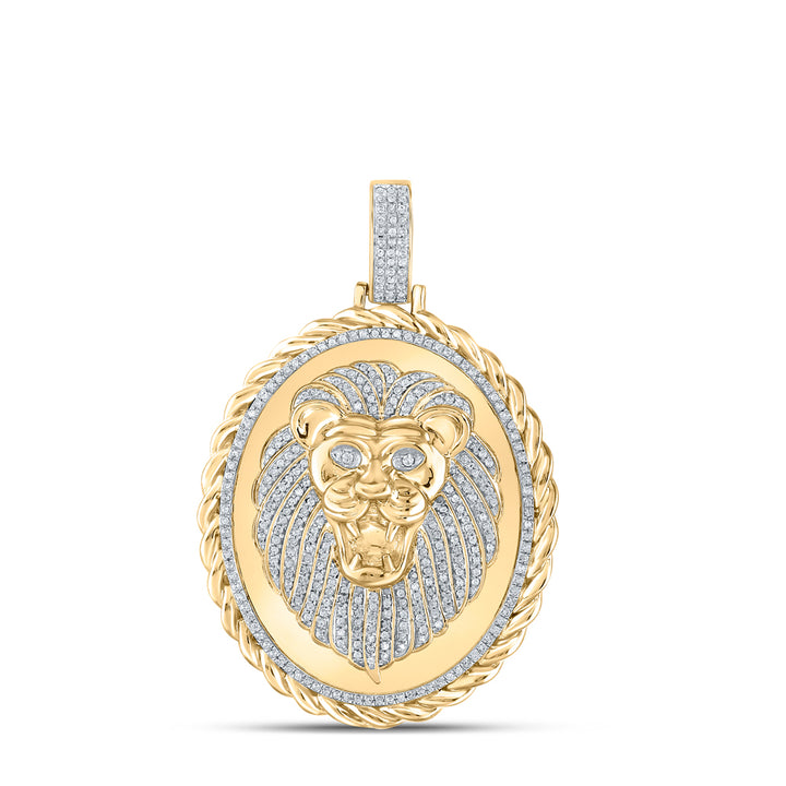 10kt Yellow Gold Mens Round Diamond Oval Lion Face Rope Charm Pendant 1.00 Cttw