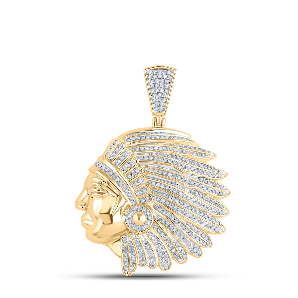 10kt Yellow Gold Mens Diamond Indian Chief Charm Pendant 1 & 1/6 Cttw