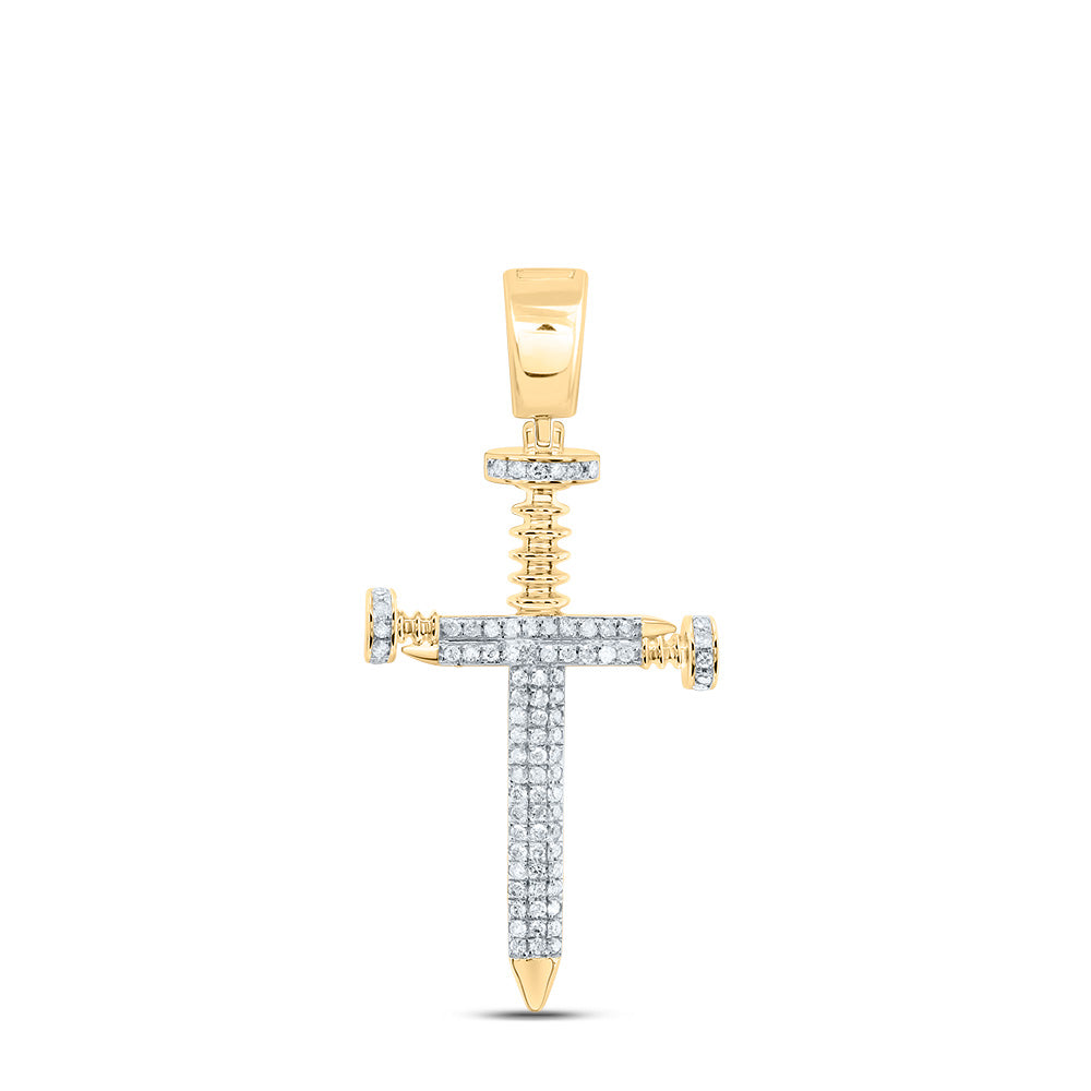 10kt Yellow Gold Mens Round Diamond Cross Religious Charm Pendant 3/8 Cttw