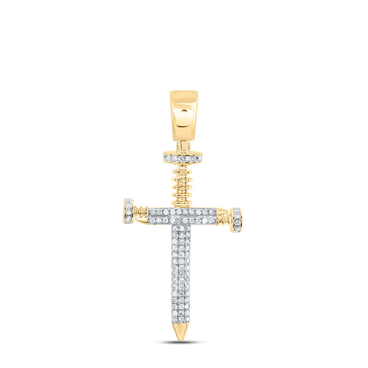 10kt Yellow Gold Mens Round Diamond Cross Religious Charm Pendant 3/8 Cttw