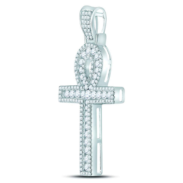 10kt White Gold Mens Round Diamond Ankh Cross Charm Pendant 1.00 Cttw