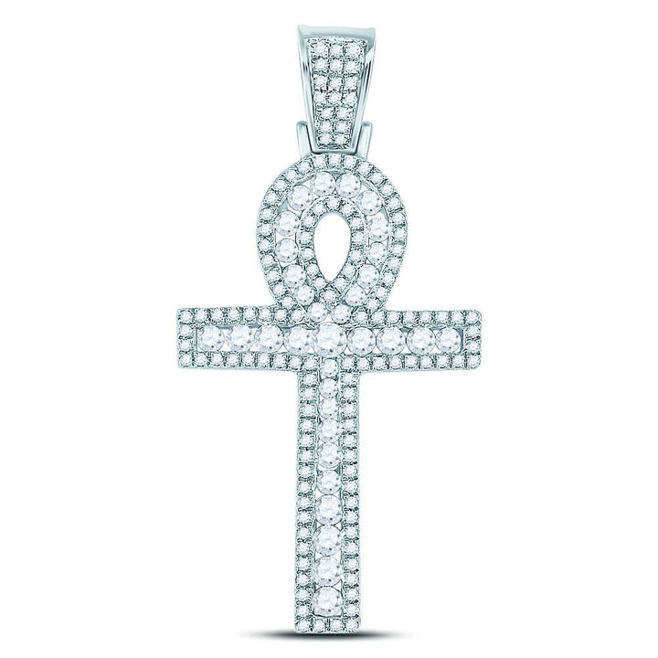 10kt White Gold Mens Round Diamond Ankh Cross Charm Pendant 1.00 Cttw