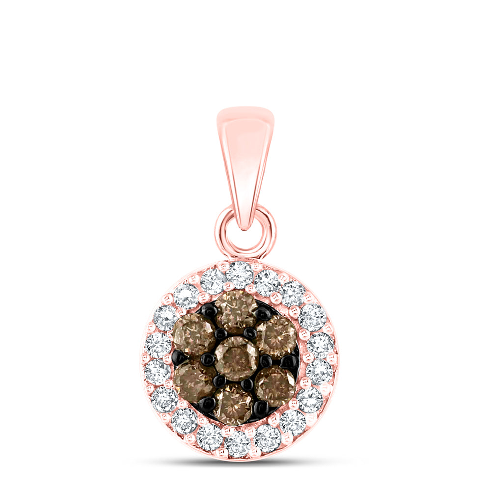 10kt Rose Gold Womens Round Brown Diamond Flower Cluster Pendant 3/8 Cttw