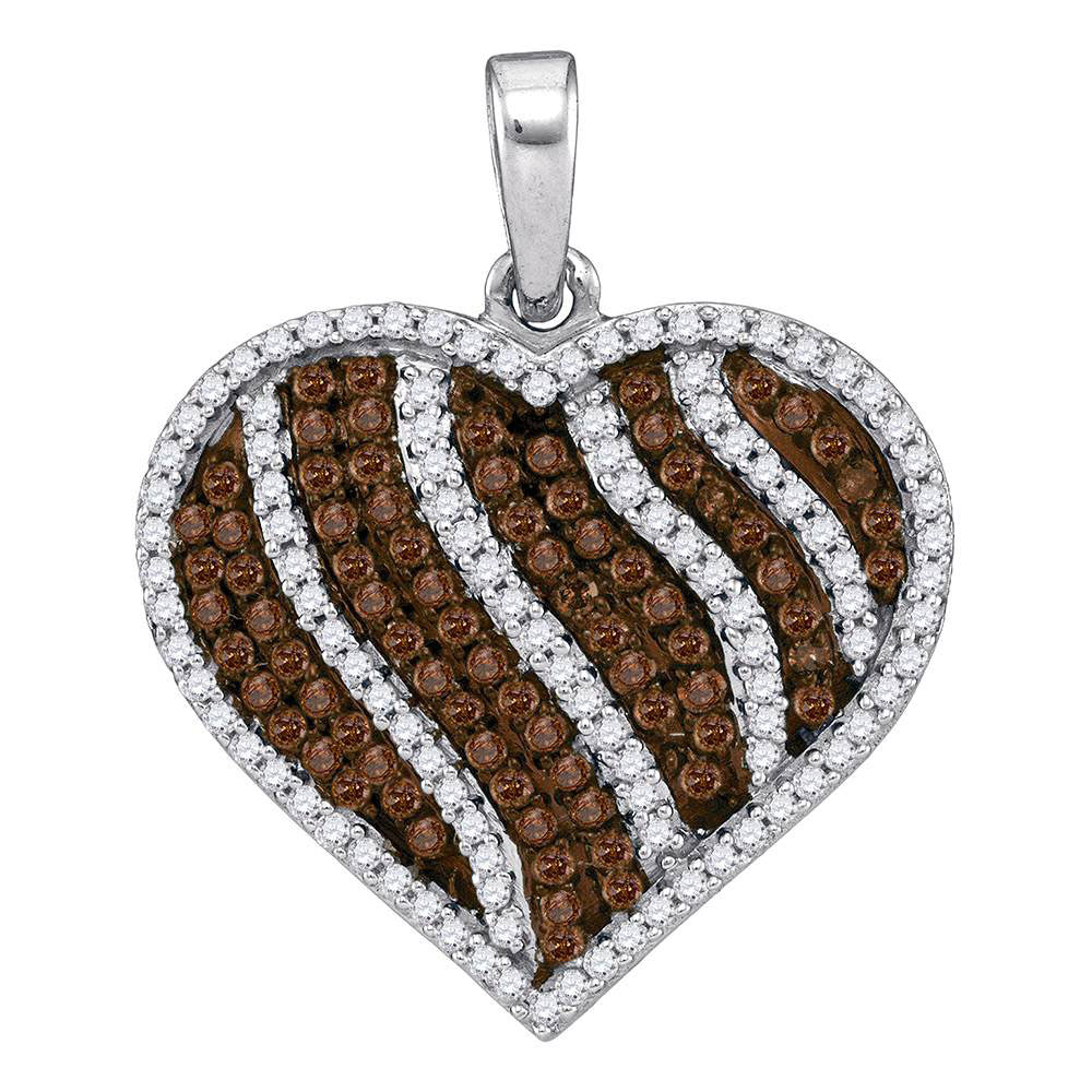 10kt White Gold Womens Round Brown Diamond Heart Stripe Pendant 1-1/2 Cttw