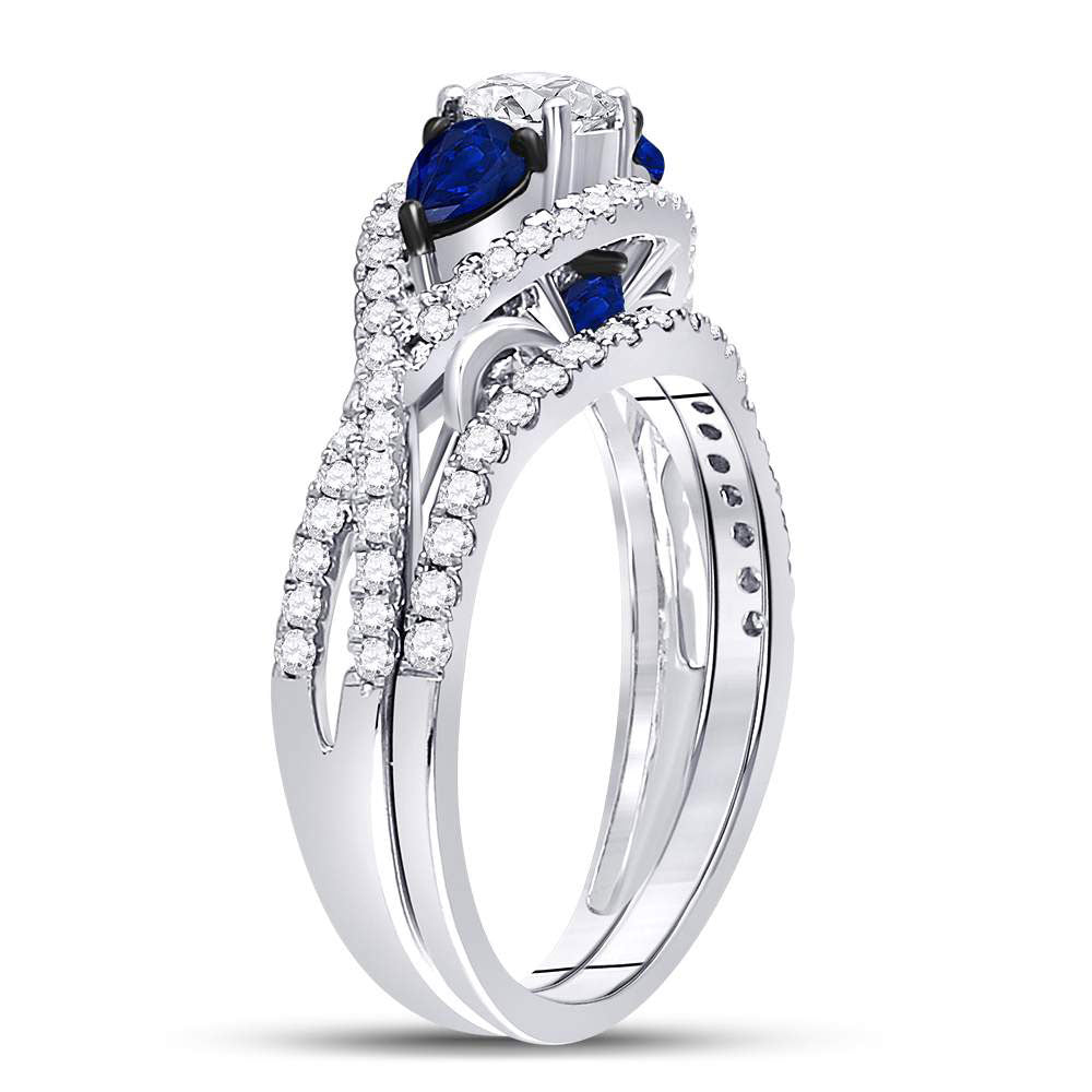 14kt White Gold Womens Round Diamond Blue Sapphire Bridal Wedding Ring Set 1-3/8 Cttw