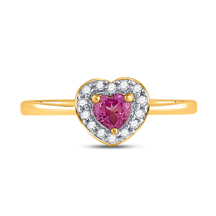 10kt Yellow Gold Womens Round Lab-Created Pink Sapphire Heart Ring 1/10 Cttw