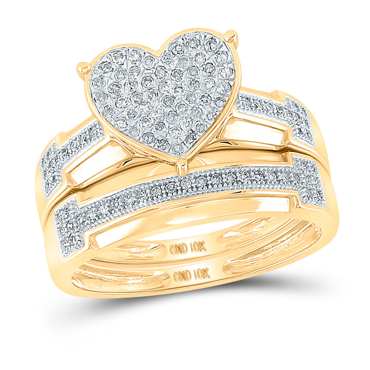 10kt Yellow Gold His & Hers Round Diamond Heart Cluster Matching Bridal Wedding Ring Band Set 1/2 Cttw