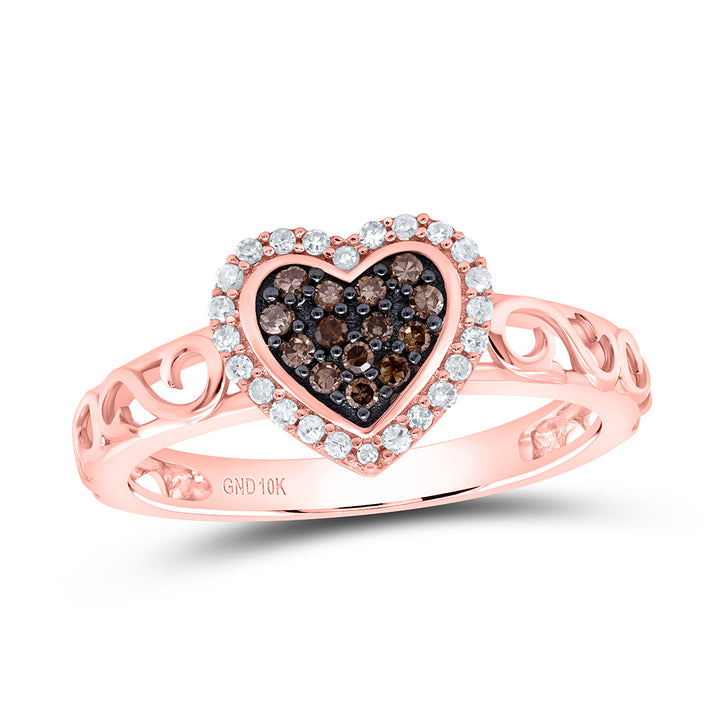 10kt Rose Gold Womens Round Brown Diamond Heart Ring 1/4 Cttw