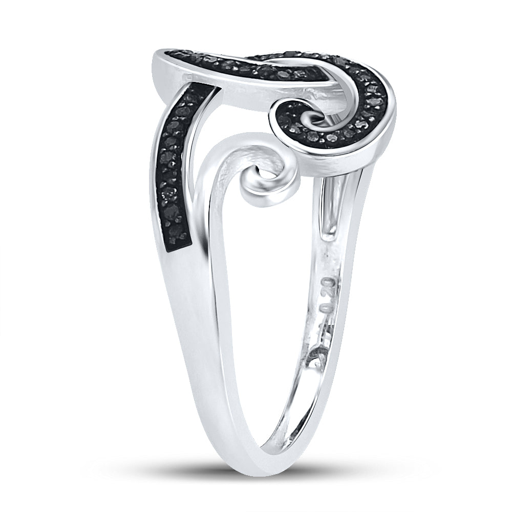 Sterling Silver Womens Round Black Color Enhanced Diamond Curl Swirl Cocktail Ring 1/5 Cttw