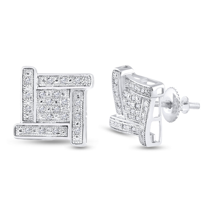 Sterling Silver Mens Round Diamond Square Cluster Stud Earrings 1/8 Cttw