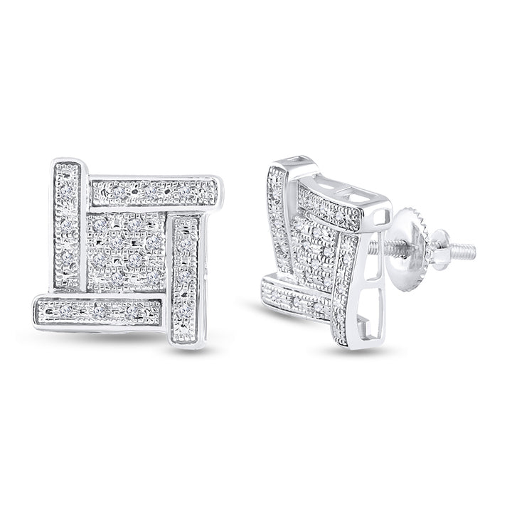 Sterling Silver Mens Round Diamond Square Cluster Stud Earrings 1/8 Cttw