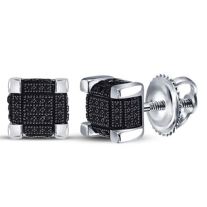 Sterling Silver Mens Round Color Enhanced Black Diamond 3D Cube Stud Earrings 1/3 Cttw