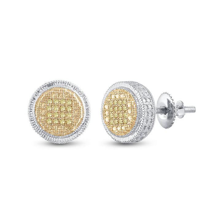 Sterling Silver Mens Round Yellow Color Enhanced Diamond Disk Circle Earrings 1/10 Cttw