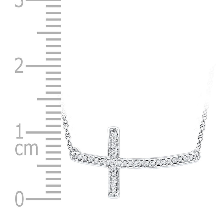 Sterling Silver Womens Round Diamond Horizontal Sideways Cross Necklace 1/10 Cttw