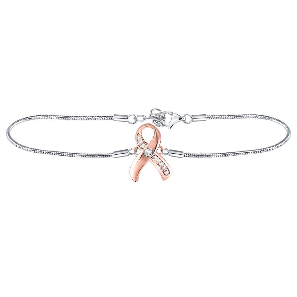 Sterling Silver Womens Round Diamond Pink Awareness Ribbon Fashion Bracelet 1/20 Cttw