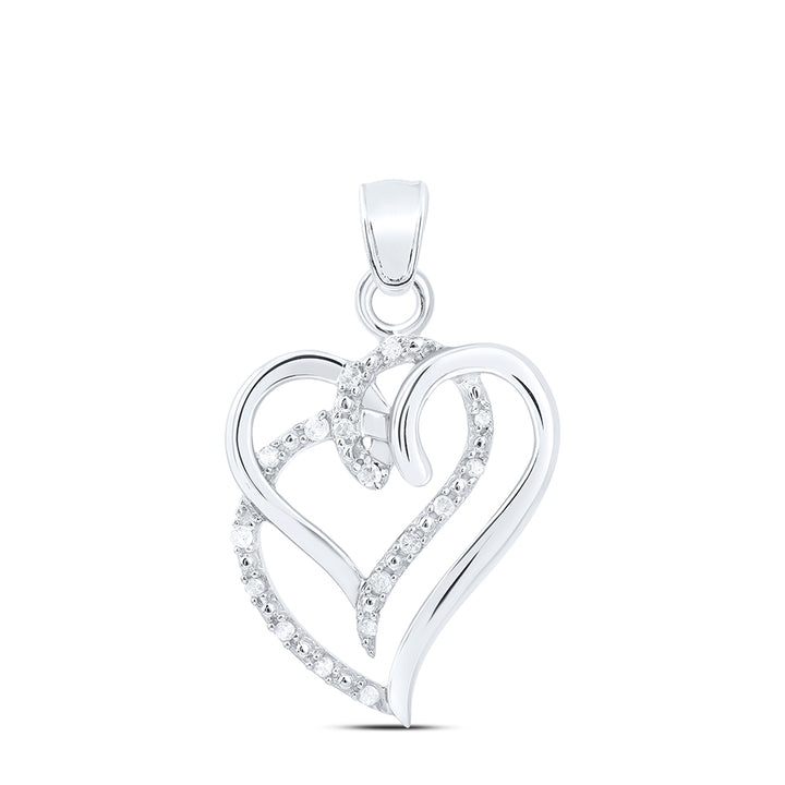 Sterling Silver Womens Round Diamond Entwined Double Heart Pendant 1/5 Cttw