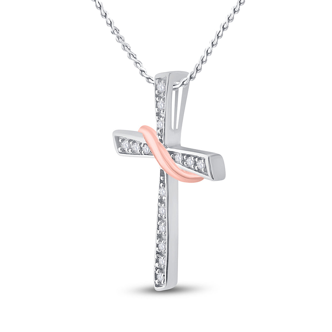 Sterling Silver Womens Round Diamond Cross Pendant 1/20 Cttw