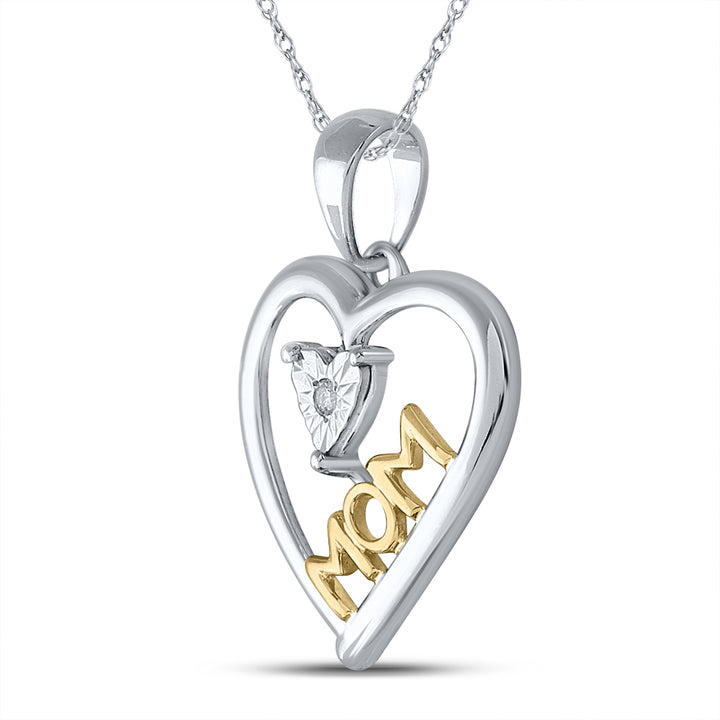 Sterling Silver Womens Round Diamond Moving Twinkle Solitaire Two-tone Mom Heart Pendant .02 Cttw