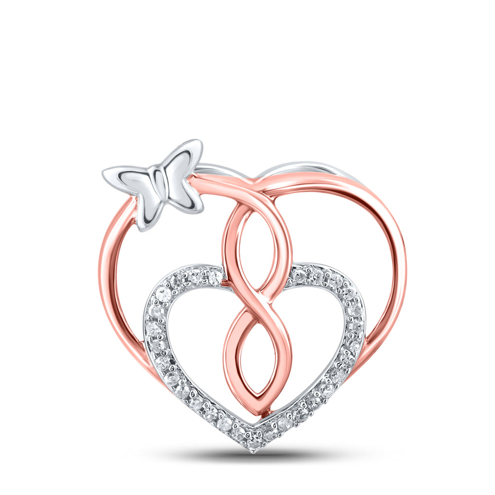 Rose-tone Sterling Silver Womens Round Diamond Heart Butterfly Pendant 1/10 Cttw