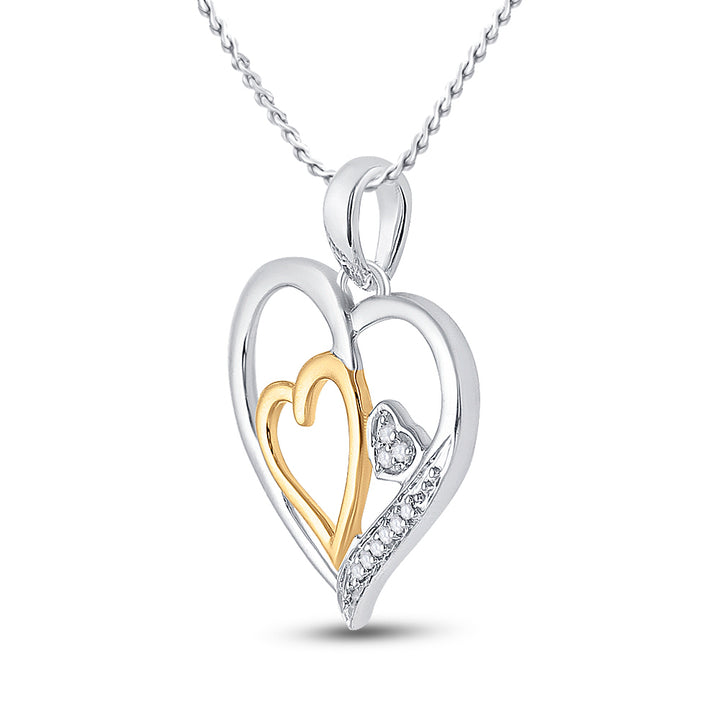 Two-tone Sterling Silver Womens Round Diamond Triple Nested Heart Pendant 1/20 Cttw