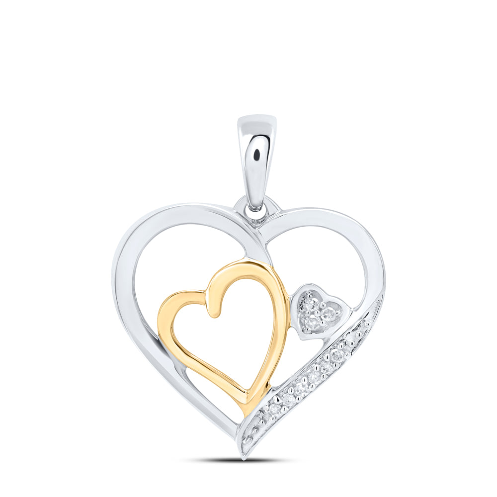 Two-tone Sterling Silver Womens Round Diamond Triple Nested Heart Pendant 1/20 Cttw