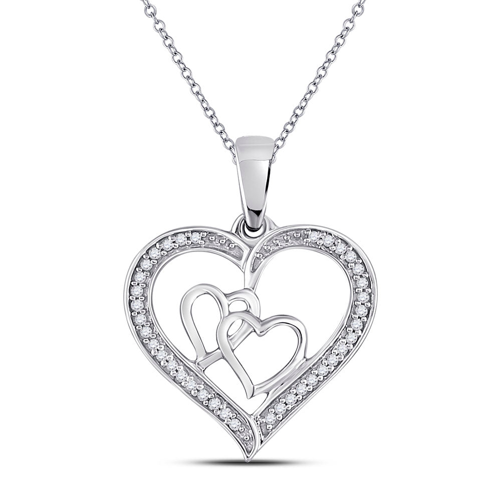 Sterling Silver Womens Round Diamond Triple Heart Outline Pendant 1/8 Cttw