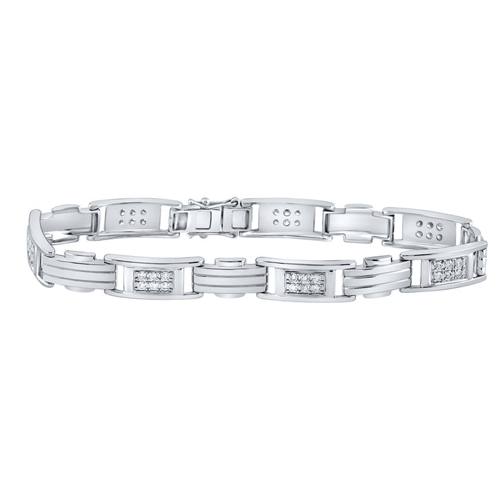 10kt White Gold Mens Round Diamond Rectangle Link Fashion Bracelet 1.00 Cttw