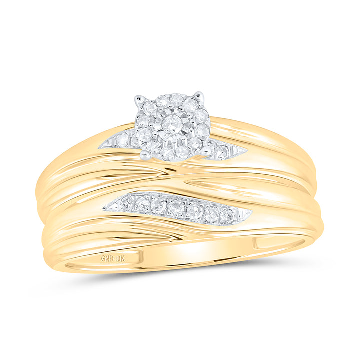 10k Yellow Gold Diamond His & Hers Matching Trio Wedding Engagement Bridal Ring Set 1/5 Cttw