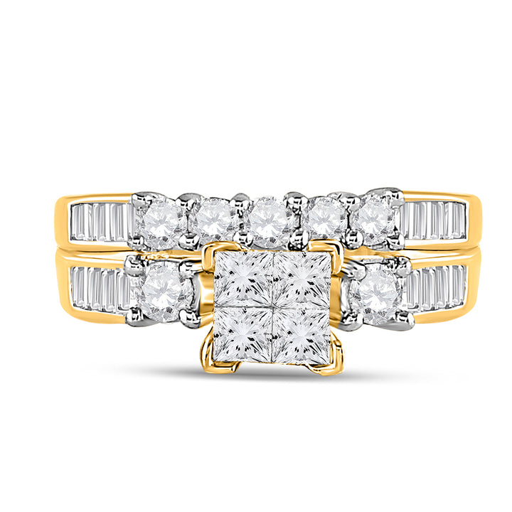 10kt Yellow Gold Womens Princess Diamond Cluster Bridal Wedding Engagement Ring Band Set 7/8 Cttw