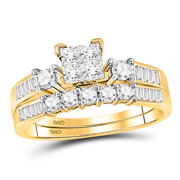 10kt Yellow Gold Womens Princess Diamond Cluster Bridal Wedding Engagement Ring Band Set 7/8 Cttw