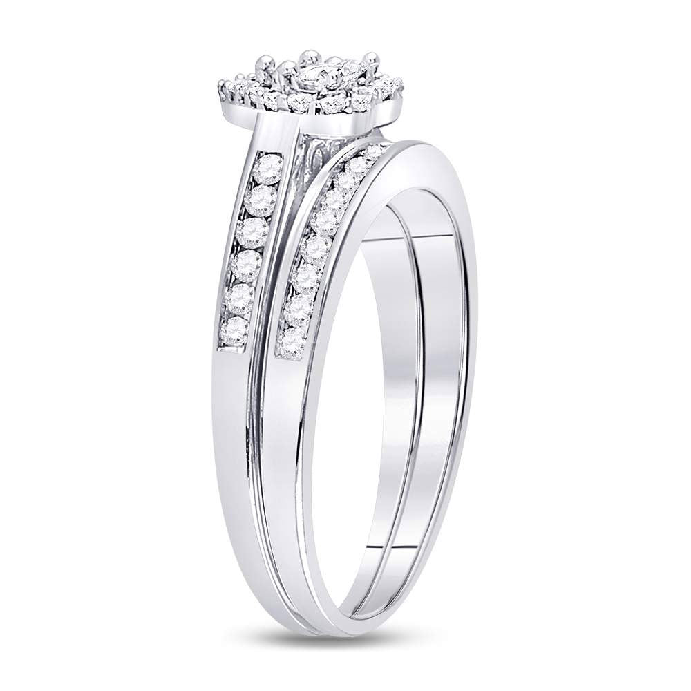 14kt White Gold Womens Diamond Heart Bridal Wedding Engagement Ring Band Set 1/2 Cttw