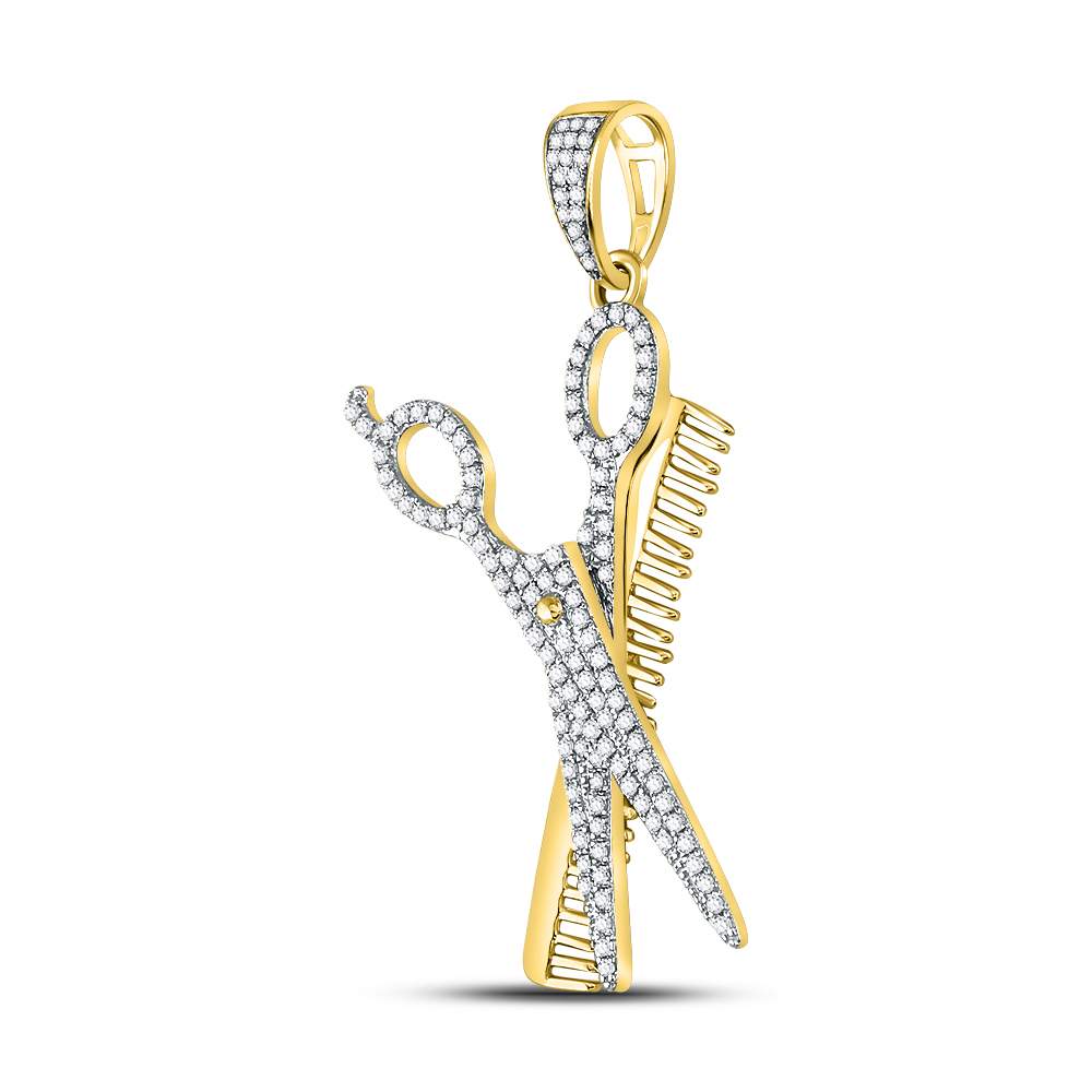 10kt Yellow Gold Mens Round Diamond Scissors Comb Barber Charm Pendant 3/4 Cttw